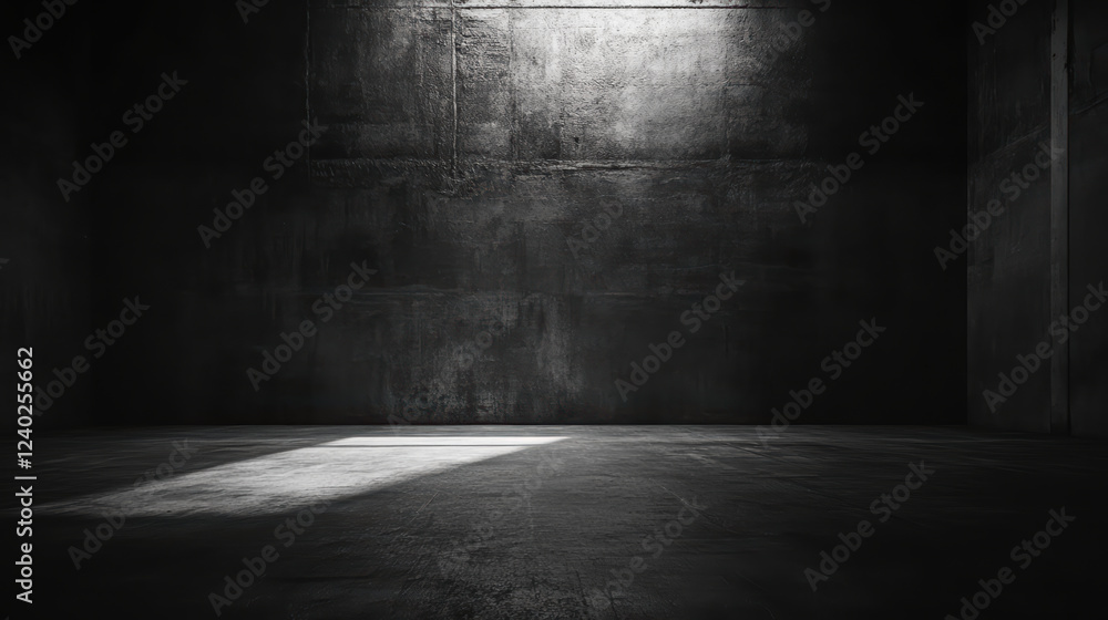 Poster dark, grunge warehouse with empty spaces and flickering shadows creates mysterious atmosphere. inter