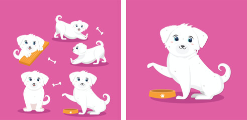 Five cute cartoon dogs in various poses Adorable puppy collection vector illustration