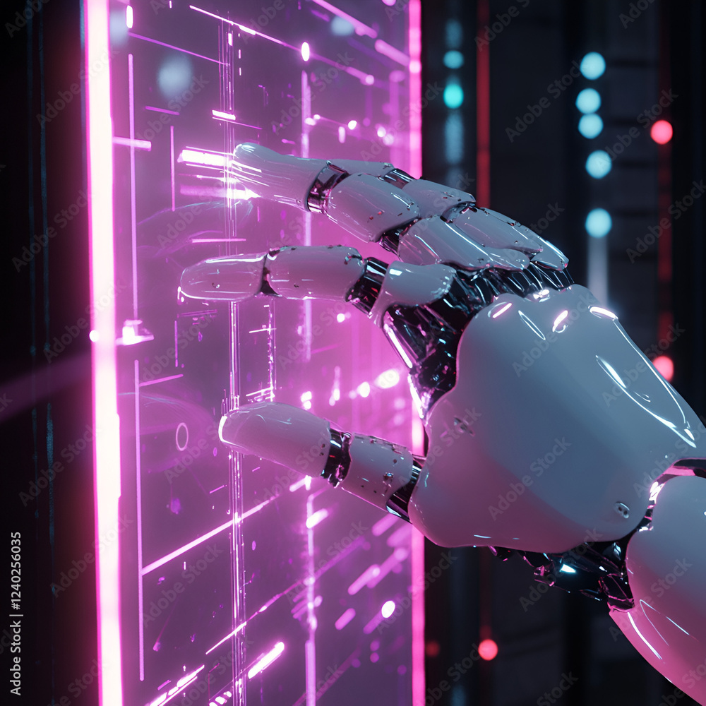 Poster touch of tomorrow: futuristic robot hand interacts with an interactive screen, symbolizing advanced 