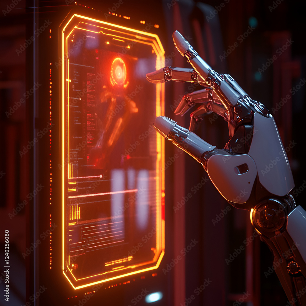 Poster ai interaction: a robotic hand interacts with a digital interface displaying futuristic technology. 