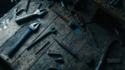 Old tools scattered on dusty wooden workbench create eerie silence, evoking sense of abandonment and nostalgia in dark, grunge warehouse