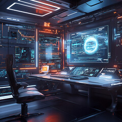 Futuristic Control Room: A technologically advanced control room pulsates with a symphony of glowing displays and intricate machinery, embodying cutting-edge design, complete with a modern chair.