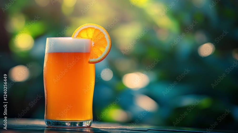 Poster refreshing beverage with orange slice and bokeh effect in the background during evening gathering