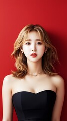 Fototapeta premium Elegant portrait of a woman in a black dress against a red background fashion photography indoor studio close-up