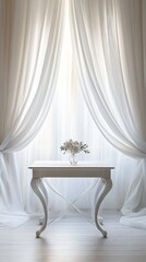 Elegant white table with a vase of flowers and soft curtains in a serene indoor space