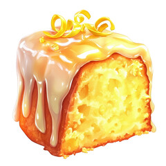 A stylized cartoon-inspired graphic of a fluffy lemon drizzle cake slice with a glossy citrus glaze and a few zest curls on top, transparent background, PNG