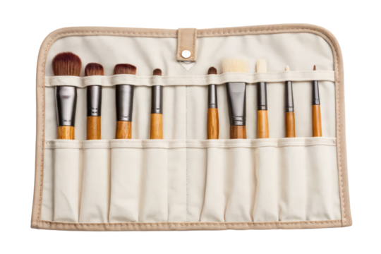 Set of makeup brushes in a case isolated with transparent background