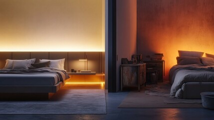A luxurious modern bedroom with sleek furniture and ambient lighting next to a small, cluttered room with old, mismatched items.