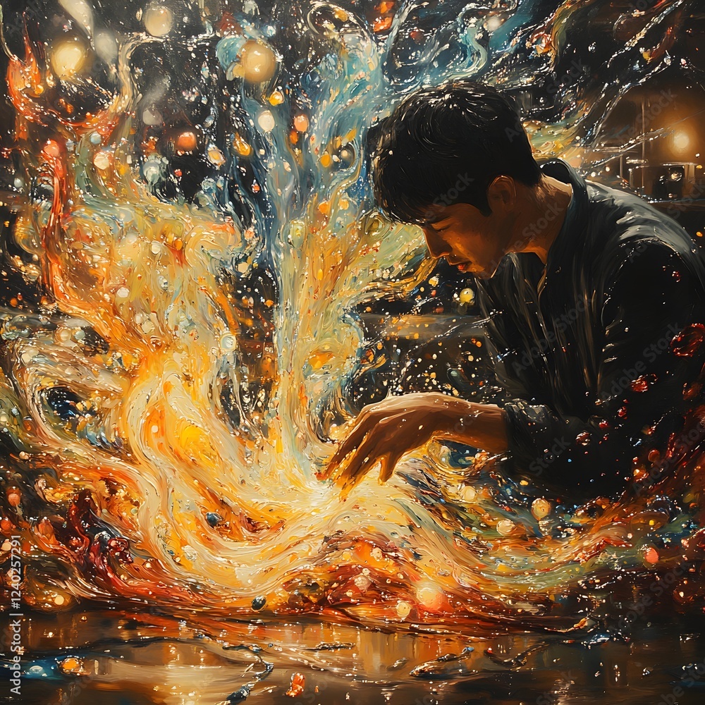 Poster captivating scene featuring painter in a lowlight studio splashing colorful paint that forms a woman
