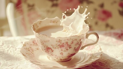 Fototapeta premium Delicate Tea Cup Splashing Milk Foam