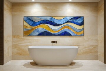 A luxurious modern bathroom with a minimalist design, featuring a sleek acrylic wall art panel displaying abstract patterns in shades of blue and gold.