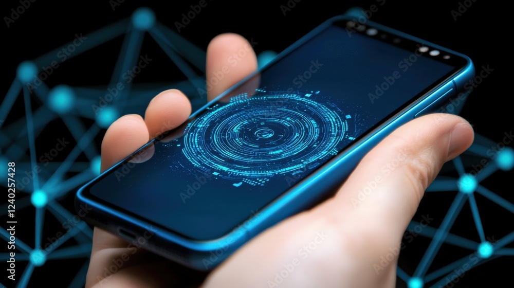 Poster digital interaction smartphone technology in focus modern office visual data representation urban en