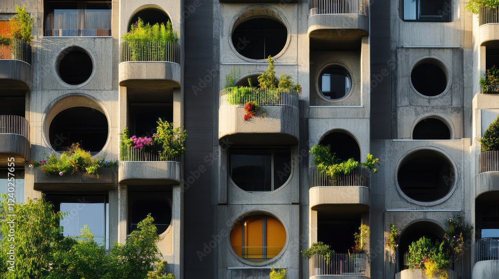Poster high rise apartment building with unique balcony design featuring circular windows and greenery. str