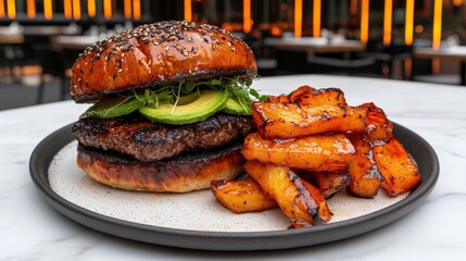 Gourmet burger creation modern restaurant food photography urban setting close-up shot culinary delight