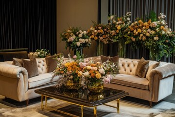 A luxurious lounge area with plush velvet sofas, gold accents, and a coffee table filled with flower arrangements.