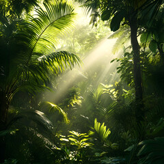 Sunlit Canopy: A lush jungle scene with sunlight streaming through the dense foliage, creating a magical and vibrant atmosphere.