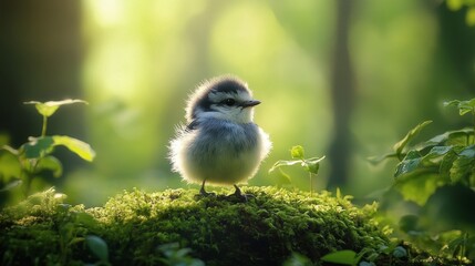 Young bird perched calmly on mossy log surrounded by lush greenery in forest