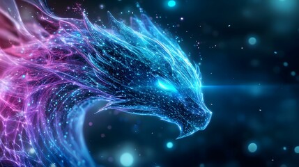 A vibrant, stylized dragon head composed of glowing particles, set against a cosmic background with ethereal blue and pink hues.