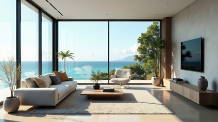 Fototapeta premium Oceanfront Living Room Modern Design with Panoramic Views and Stylish Furnishings