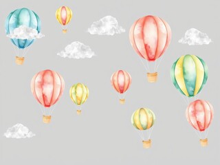 Obraz premium Watercolor hot air balloons in pastel blue and pink for baby shower invitations and kid greeting cards, watercolor set, illustrations, aerostats