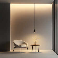 Serene Interior: A modern minimalist interior featuring a stylish armchair, a small round table with delicate floral arrangement, and a sleek pendant lamp suspended in the room.