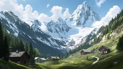 Breathtaking mountain landscape, lush green valley surrounded by towering peaks, perfect for outdoor adventure or travel content.