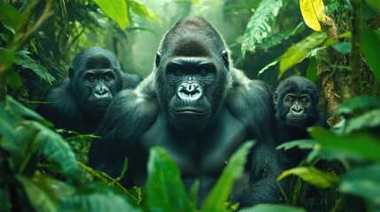 Obraz premium A family of majestic gorillas peacefully coexisting in their lush dense jungle habitat showcasing the success of conservation efforts to preserve this incredible natural environment