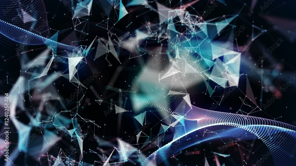 Poster blue abstract background with motion plexus of dots an lines. connected dots and lines on blue backg