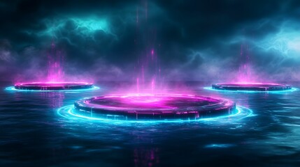 A vibrant digital scene featuring glowing circular platforms emitting pink and blue light above a dark, reflective water surface.
