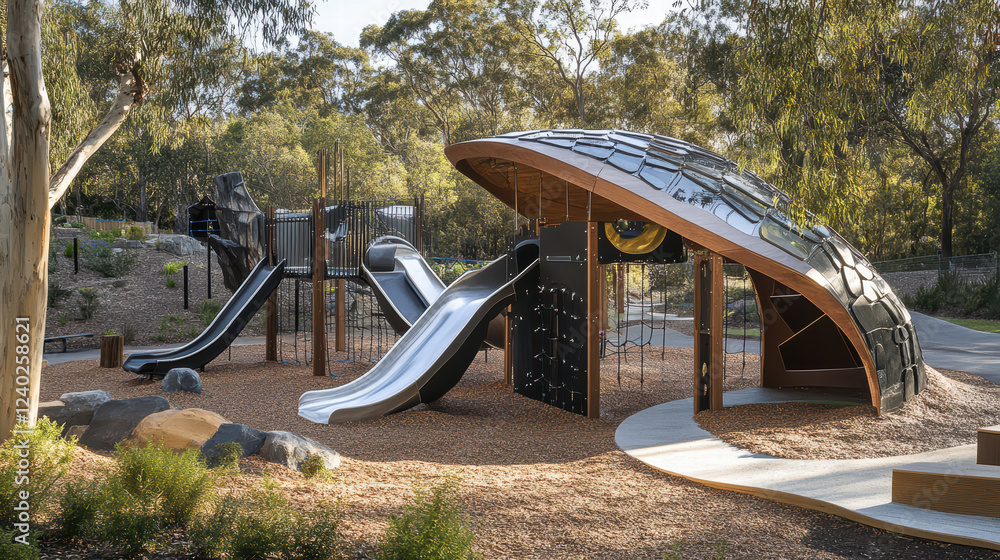 Poster innovative playground design featuring unique structures, slides, and climbing elements surrounded b