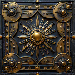 Naklejka premium Steampunk-inspired metallic tile with gears, cogs, and ornate patterns in gold and bronze tones.