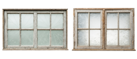 Two old wooden window frames isolated with transparent background