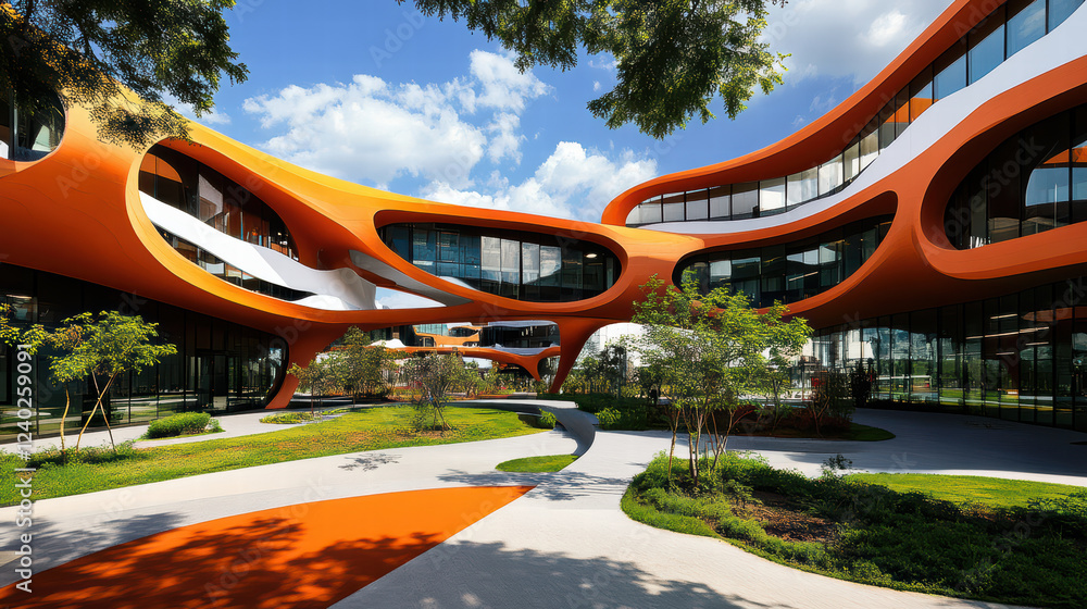 Poster innovative tech campus featuring open spaces and collaborative design, showcasing vibrant orange arc