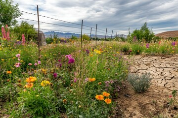 A lush, vibrant garden filled with blooming flowers separated by a thin wire fence from a barren, dry, and cracked landscape.