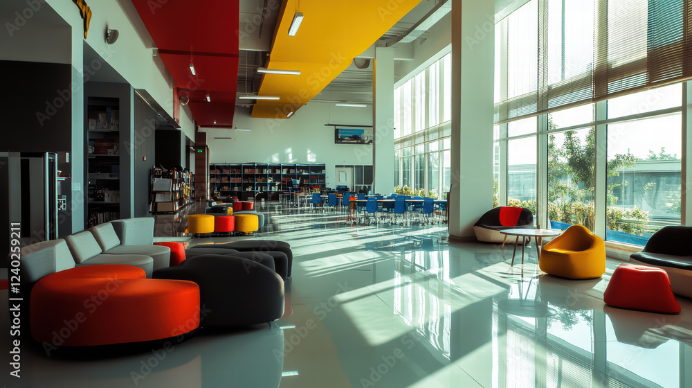 Aufkleber modern tech campus interior featuring open spaces and collaborative areas, with colorful seating and
