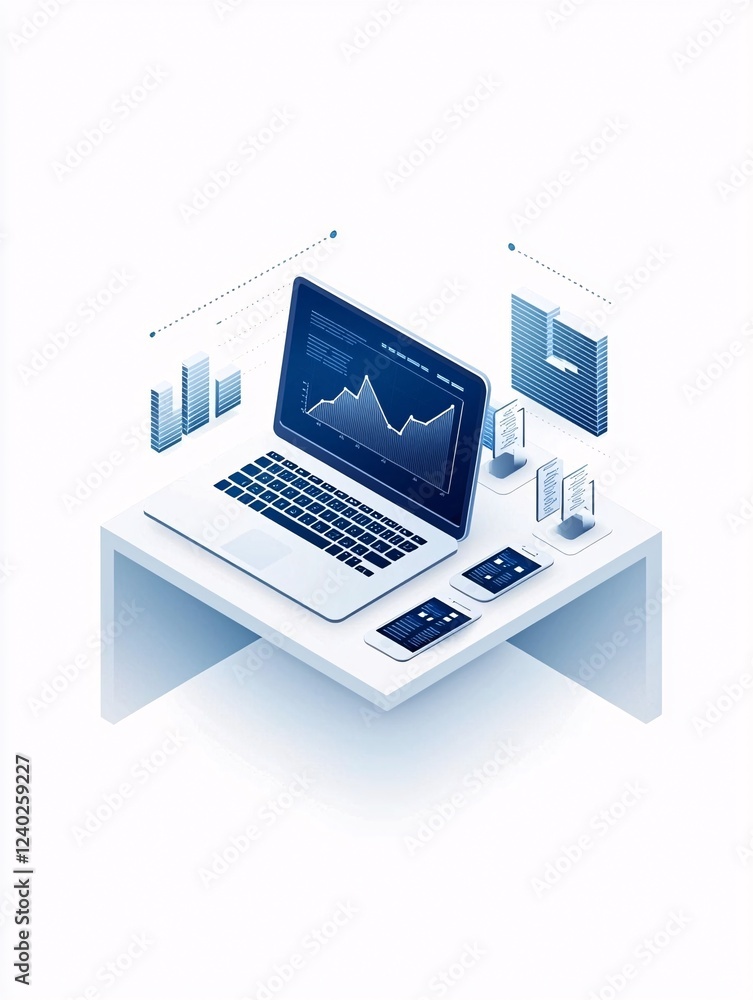 Poster a time-efficient professional multitasking on a laptop and smartphone, surrounded by charts and prod