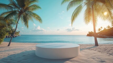 Stone tropical podium with beach and palm trees background for product display mockup, summer vacation concept.