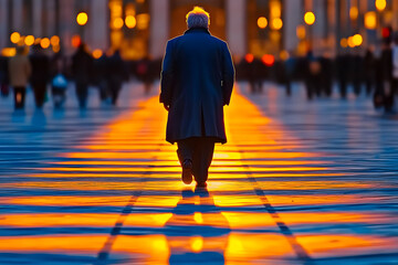 Obraz premium Mann im Mantel läuft durch Stadt bei Sonnenuntergang 