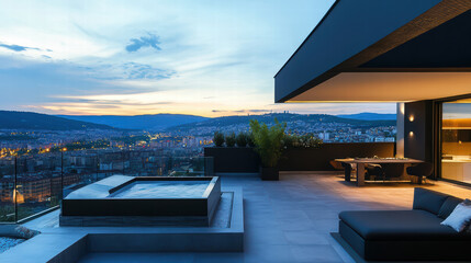 Luxurious penthouse with panoramic city views, modern design, and serene atmosphere. Enjoy sunset from spacious terrace featuring hot tub and elegant seating
