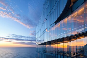 Naklejka premium A stunning modern skyscraper reflecting the sunset over the sea, showcasing elegant glass architecture and a captivating skyline view.