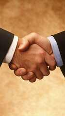 A business professional shaking hands with a mentor, symbolizing trust, guidance, and leadership development. Close-up shot with warm lighting.
