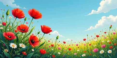 Fototapeta premium Vibrant Red Poppies and Wildflowers Blossom Under a Sunny Sky in a Lush Meadow