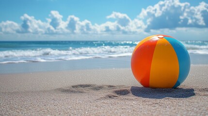 Naklejka premium Bright beach ball resting on sandy shore with ocean waves and clouds in the background
