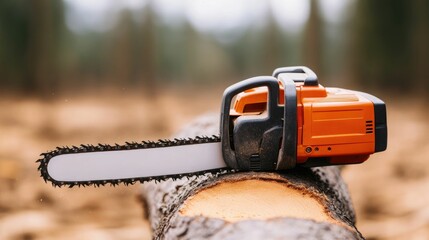 Closeup view of a powerful and heavy duty orange chainsaw cutting aggressively through the wooden trunk of a tree