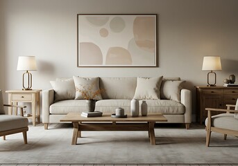 Modern living room with beige sofa and abstract art