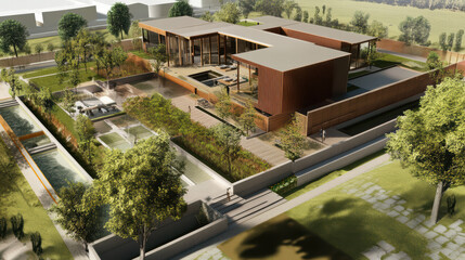 Modern family home with open spaces, eco friendly features, and landscaped gardens. design emphasizes natural light and outdoor living, creating serene environment