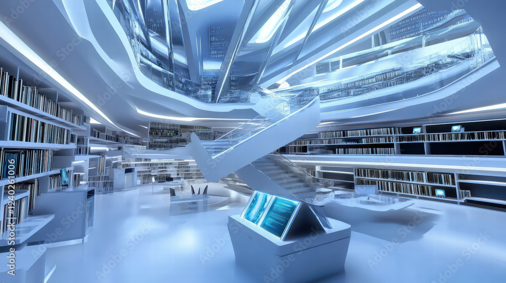 Poster modern library with open spaces, digital reading areas, and sleek design. interior features futurist