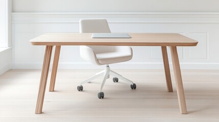 Fototapeta premium Minimalist home office, clean wooden desk, ergonomic chair, neutral color palette