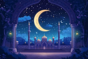 Night Scene of a Majestic Mosque Under a Crescent Moon