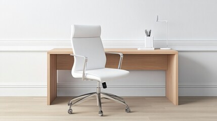 Minimalist home office, clean wooden desk, ergonomic chair, neutral color palette